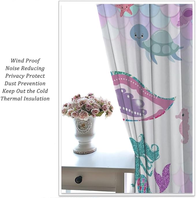 YCness Mermaid Curtains for Girls Bedroom Decor Fantasy Rainbow Colorful Cartoon Underwater Animals Art Printed Blackout Window Drapes Fabric Set 2 Panel 63x63 Inch 80% Shading Rate
