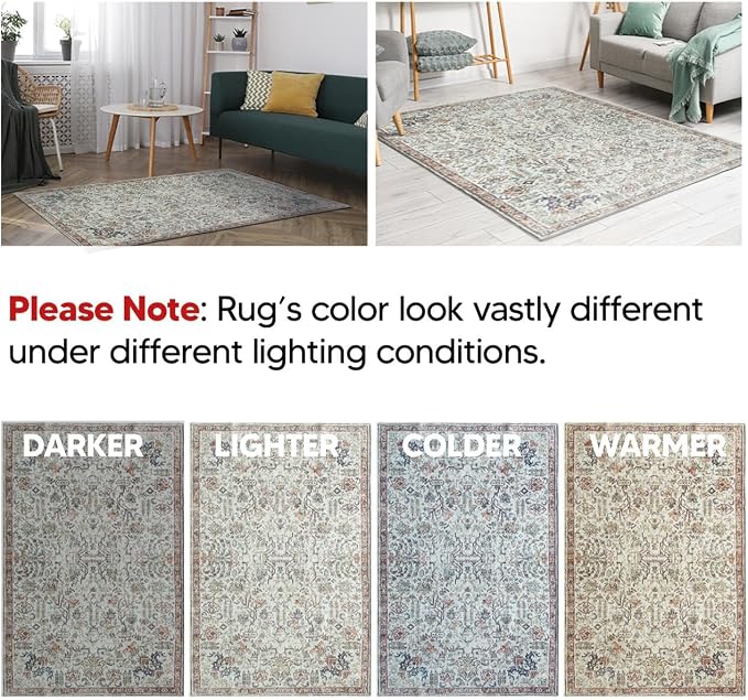 Keen Home Design 5x7 Rug - Machine Washable Area Rug with Non-Slip Backing, Ideal for Living Room, Dining Room, Bedroom - Vintage, Easy Clean, Durable, Low Pile Rug - (5' x 7')