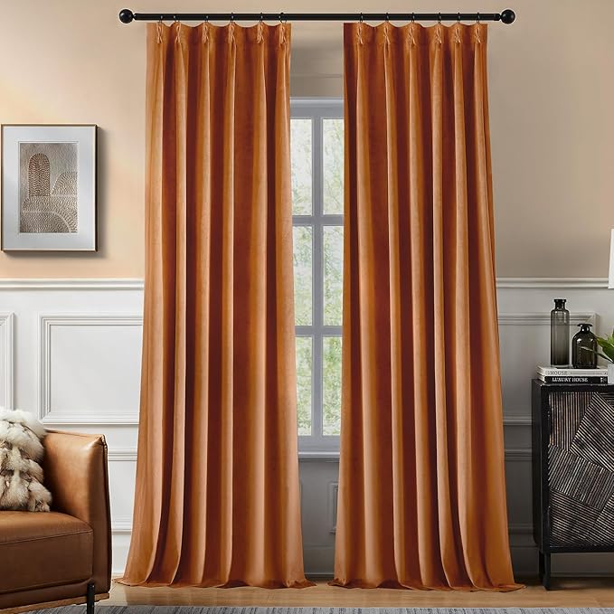 Pinch Pleated Blackout Curtains for Bedroom, Yellow Velvet Curtains for Living Room, Black Out Curtain 96 inch Long Room Darkening, Blackout Pinch Pleatd Drapes with Hooks 2 Panels
