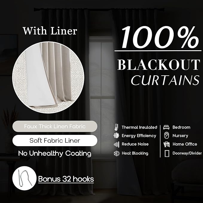 63 Inch Length Natural Linen Blackout Curtains, Rod Pocket Black Out Thermal Insulated Curtain Drapes for Bedroom 63 in Long 2 Panels Set