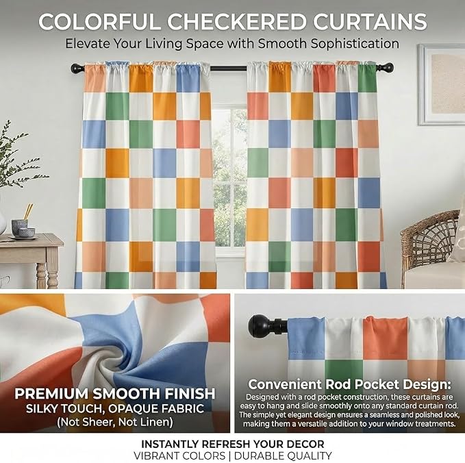 Colorful Checkered Curtains for Bedroom,Rod Pocket 60s 70s Semi Sheer Curtains Farmhouse Retro Checkerboard Light Filtering Drapes for Living Room,Set of 2 Window Curtain Panels,52 x 84 Inch