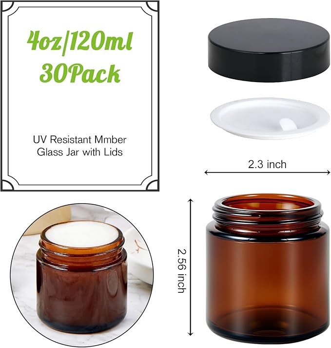 4oz Glass Jars with Lids, Hoa Kinh 30 Pack Amber Empty Cosmetic Containers Round Airtight Glass Jar with Black Lids for Storing Lotions, Powders, and Ointments