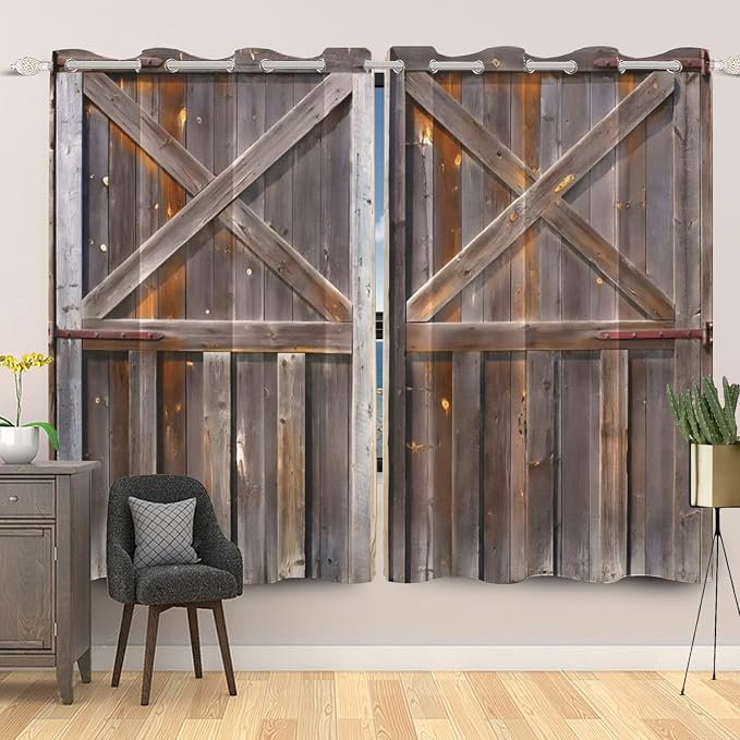 Rustic Wooden Curtains Vintage Wood Barn Door Window Curtains Old Garage Door American Native Country Farmhouse Rural Farm Style Living Room Window Drapes Treatment,53x84 inch,2 Panels