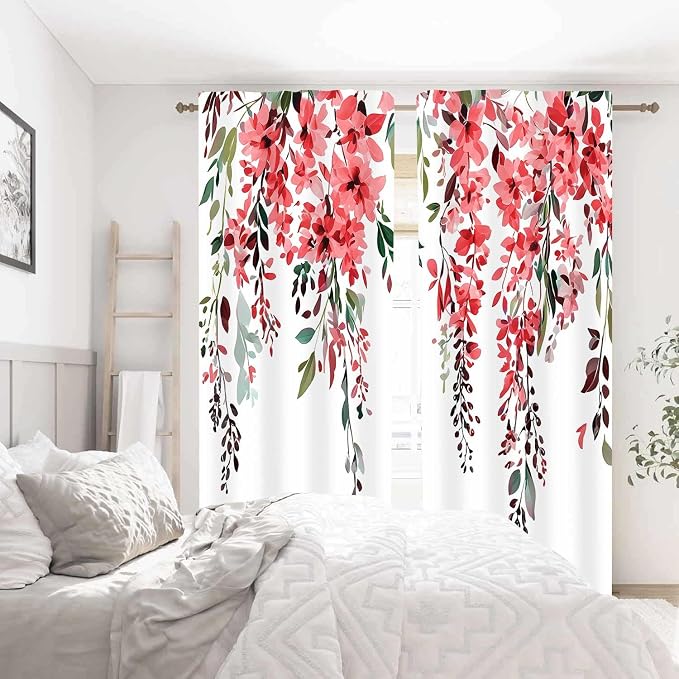 Red Watercolor Floral Curtains, Botanical Leaves Vine Flowers Curtain, Rustic Farmhouse Flower Leaf Blackout Window Treatment Drapes for Bedroom Living Room 52x90 inch, 2 Panels