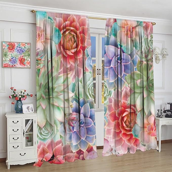 Boho Cactus Floral Curtain Tropical Colorful Succulent Plants Beautiful Flower Retro for Home Kitchen Livingroom Coffee Room Curtains Drapes 2 Panels 63x63in