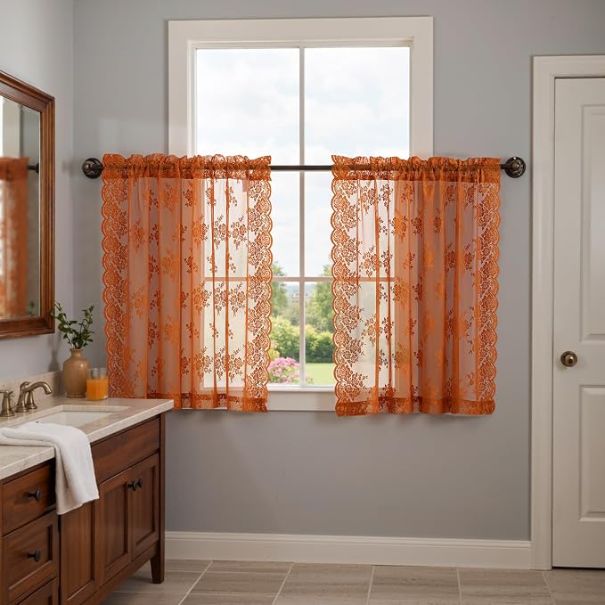 Kotile Burnt Orange Sheer Curtains 36 Inch Length 2 Panels, Country Rustic Floral Short Fall Curtains for Kitchen Window, Rod Pocket Privacy Sheer Lace Curtain Short, 42 x 36 Inch Each, Burnt Orange