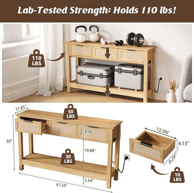 Luoxiao Entryway Table with Outlets & USB-C, 3 Drawers Rattan Console Table | Narrow Entry Table with Open Shelf, Anti-Tip, Easy Assembly, Boho Front Entrance Hallway Foyer Storage, 47 Inch, Natural Wood