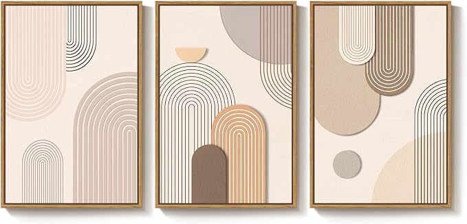 3 Piece Framed Neutral Boho Wall Art for Living Room, Large Minimalist Abstract Canvas Artwork for Walls, Mid Century Modern Beige Geometric Prints Paintings for Bedroom Hallway Wall Decor 16x24 Inch