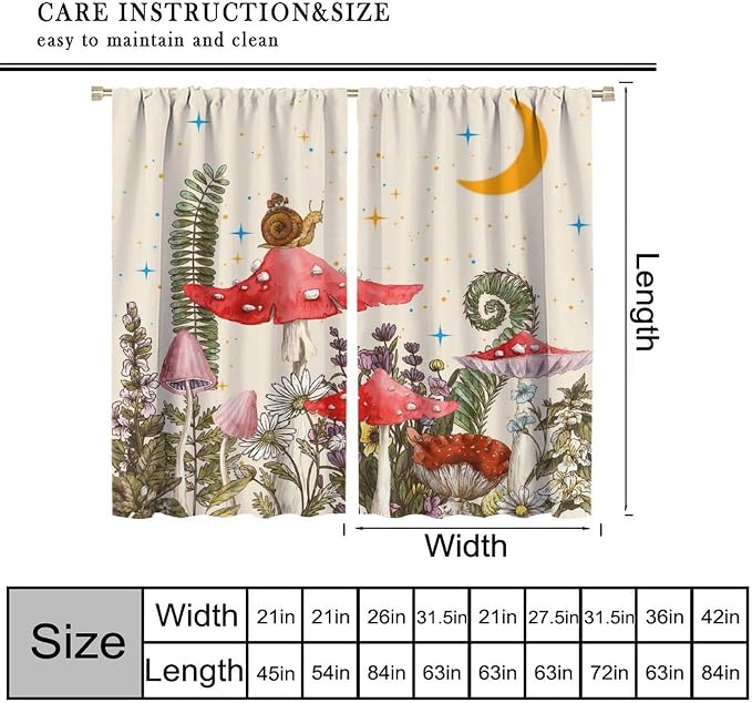 Watercolor Mushroom Curtains, Rustic Vintage Country Red Mushroom Nature Plants Fern Botanical Flowers Moon Stars Blackout Window Curtains for Bedroom Kitchen, 63" W X 63" L