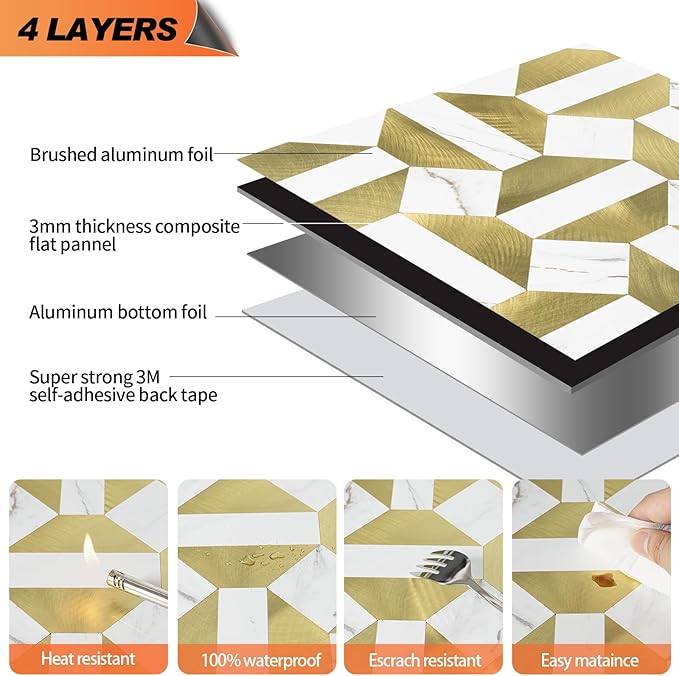 10-Sheets Peel and Stick Backsplash Tiles, PVC Marble Mixed Metal Look,Heat Resistant Stick on Tiles for Kitchen Wall,Bathroom,Laundry Room (Marble Gold & Gold)