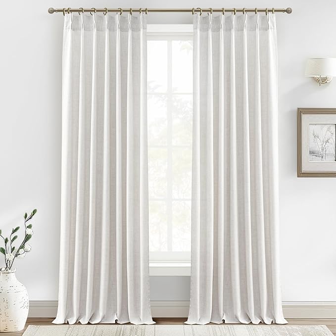 PleatedDrapes Extra Long 120 Inch Curtains,Thick Linen Lush Decor Sheer Pleated Drapes 2 Pages Viral Curtain with Hooks 10 ft Floor Length Back Tab for Living Room Light Filtering W40 xL120 x2 Panels