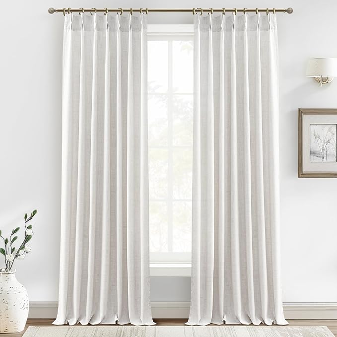 Beige White Thick Natural Linen Light Filtering 104 Inch Extra Long Curtains Panels of 2 for Office, Memory Shape Pinch Pleated Sheer Luxury Viral Curtain Protect Privacy Room Divider Windows Drapes