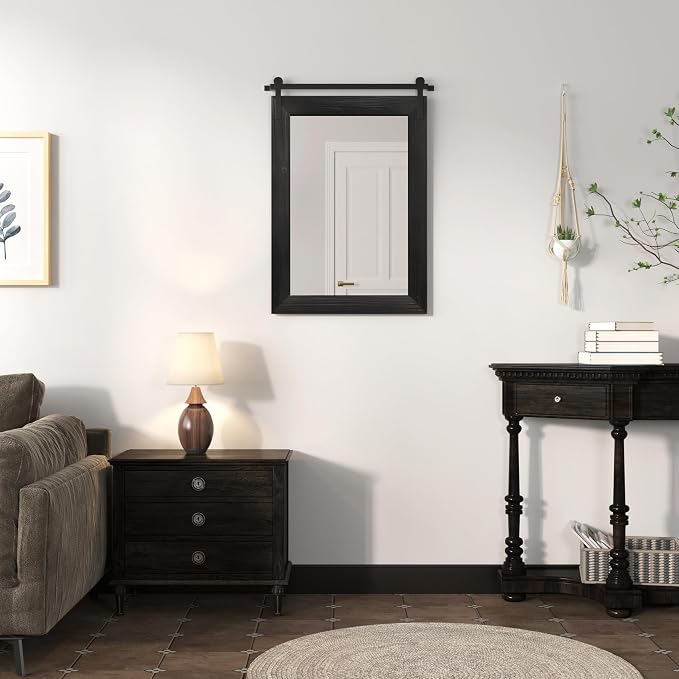 COGOOD Farmhouse Barn Door Mirror - 17 x 26 Rustic Wood Framed Wall Mirror for Bathroom, Living Room, Entryway Wall Decor (Black)