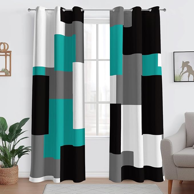Tyrot Teal/Turquoise 100% Blackout Curtains for Bedroom 96 inch Length 2 Panels Set White Grey Modern Abstract Geometric Black Out Curtains Room Darkening Window Drapes for Living Room, 42Wx96L