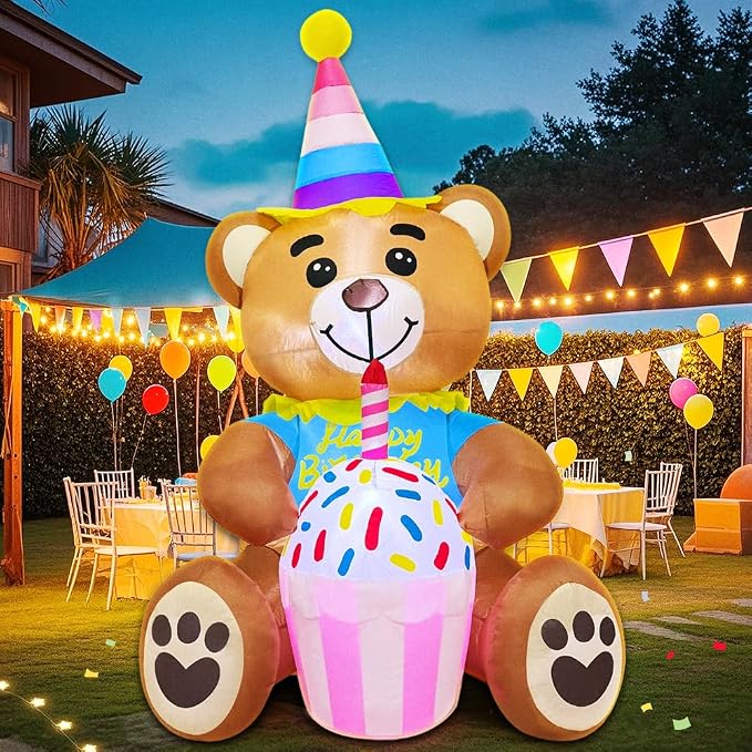 5FT Inflatable Bear with Birthday Cake Blow up Outdoor Yard Decorations, Built-in LED Lights for Holiday Party Garden Lawn Indoor Home Celebration