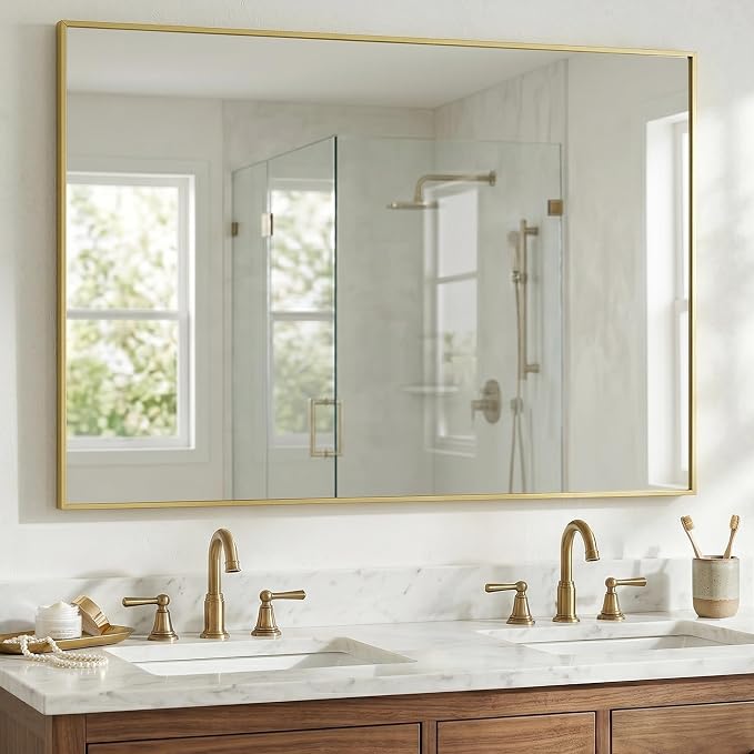 48"x30" Satin Gold Large Framed Bathroom Vanity Wall Mirror | Large Vanity Wall Mirror, Slim Metal Frame, Dresser or Sideboard Use, Vertical/Horizontal Mount, Tempered Glass