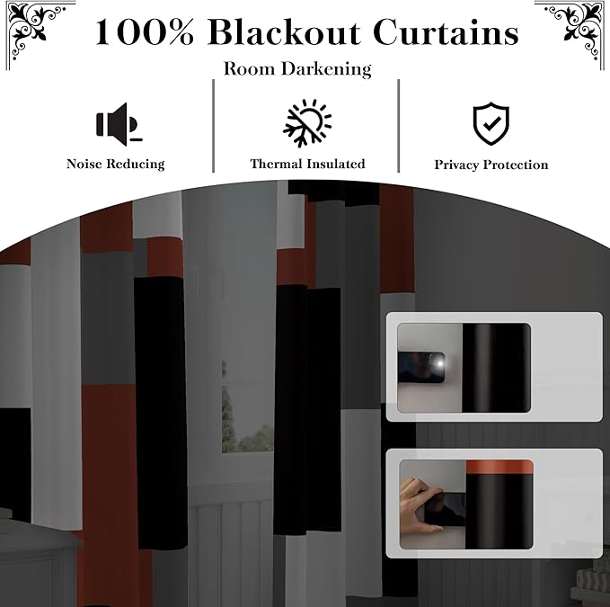 Tyrot Burnt Orange 100% Blackout Curtains for Bedroom 45 inch Length 2 Panels Set White Grey Modern Abstract Geometric Fall Black Out Curtains Insulated Room Darkening Small Window Curtains, 42Wx45L