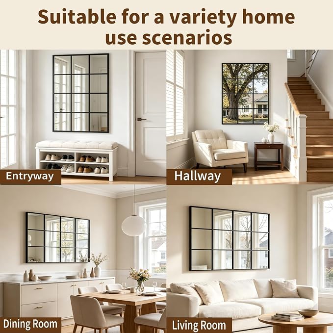 Dewfig Rectangle Window Mirror Wall Mounted, 30"x47"in Window Pane Mirror Wall Decor Metal Framed, Large Black Mirrors for Bedroom Living Room Fireplace Entryway Hanging or Leaning Against Wall,Black