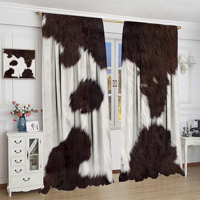 Cow Print Blackout Curtain,Retro Animals Fur Skin Cowhide Farm Style Window Treatments Rod Pocket Curtain for Bedroom Living Room Kitchen Decor Drapes 72x63in