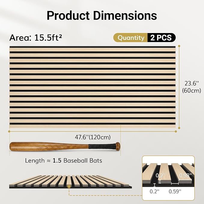 TONOR Wood Slatwall Panels, 2 Pack 47.2" x 23.6"/ 120 x60cm(15.5ft²) Acoustic Wall Panels, Wood Slat Acoustic Panels for Noise Cancelling and Wall Décor Living Room, Bedroom, Home Decor, Office, Oak