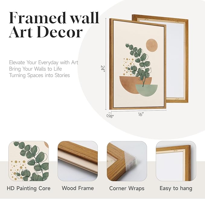 Framed Abstract Boho Wall Art for Living Room, Large Botanical Sage Green Plant Canvas Artwork for Walls, Minimalist Neutral Geometric Line Prints Paintings for Bedroom Hallway 16x24 Inch