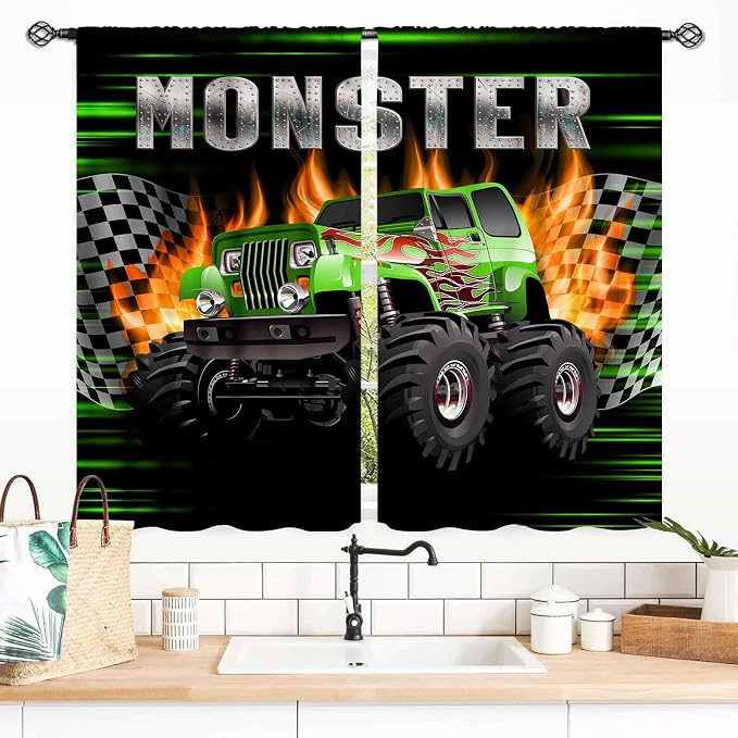 Truck Curtains for Boys Room, Burning Flame Tractor Truck Car Cool Monster Checkered Racing Flag Window Drapery Treatments for Boys Kids Bedroom Living Room Playroom Nursery 2 Panels, 55x39 Inch
