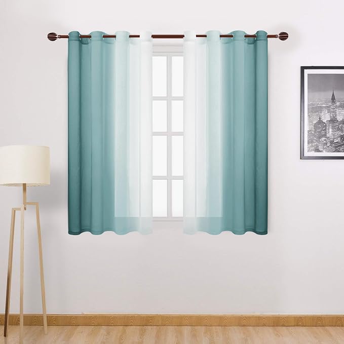 DWCN Ombre Short Sheer Curtains - Faux Linen Semi Voile Gradient Light-Filtering Bedroom and Living Room Curtains, Set of 2 Grommet Top Window Drape Panels, 52 x 45 Inch Length, Peacock Blue