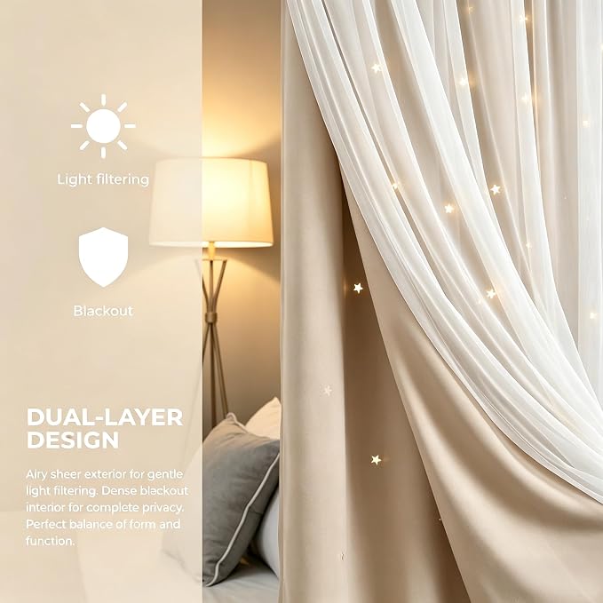 Kids Blackout Curtains for Bedroom/Living Room/Classroom, Sheer Overlay 2 Panel Set, Double Layer Curtains with Star Cutout for Kids Room(Each Piece W 70 x L 63 Inches 2 Pcs Beige)