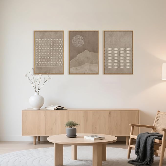 Large Mid Century Tan Beige Framed Canvas Wall Art,Neutral Geometric Lines Dots Shapes Wall Decor,Abstract Boho Sunset and Mountain Artwork for Living Room,Bedroom,Office-24 x36 x3