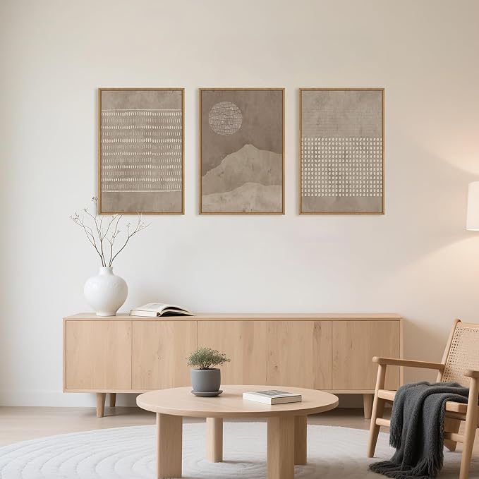 Large Mid Century Tan Beige Framed Canvas Wall Art,Neutral Geometric Lines Dots Shapes Wall Decor,Abstract Boho Sunset and Mountain Artwork for Living Room,Bedroom,Office-16 x24 x3