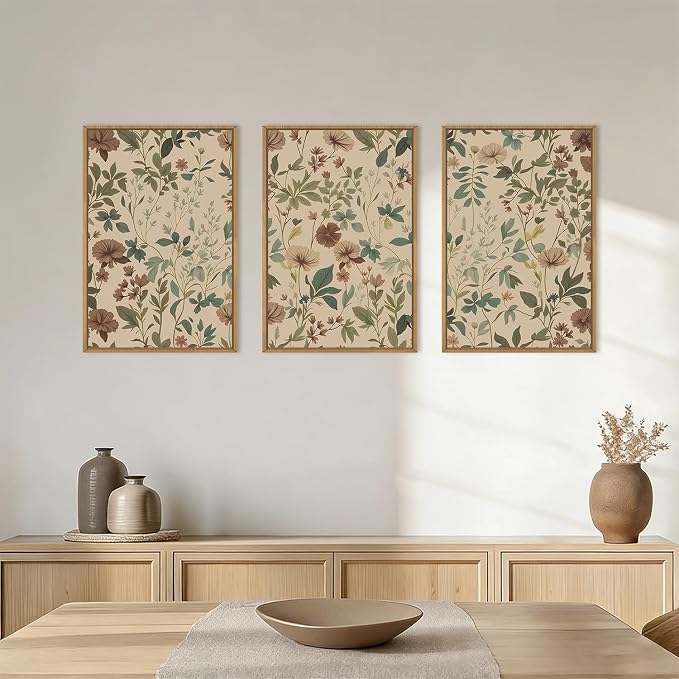 Vintage Floral Botanical Framed Canvas Wall Art Set,Abstract Neutral Wildflower Wall Decor,Mid Century Retro Flower Nature Artwork for Living Room,Bedroom,Farmhouse- 24"x36"x3