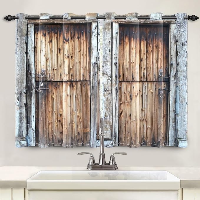 Rustic Barn Door Window Curtains Vintage Dilapidated Wooden Door Window Curtains Window Drapes for Living Room Bedroom Rural Farmhouse Farm Kitchen Window Treatment,53x63 inch,2 Panels
