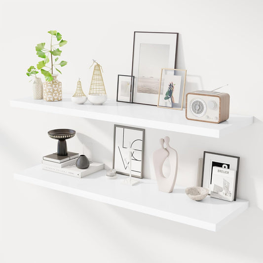 48" Floating Shelves for Wall, 12" Deep Slim White Floating Shelves, Wall-Mounted Shelves for Bedroom, Living Room, Kitchen, Bathroom - Set of 2