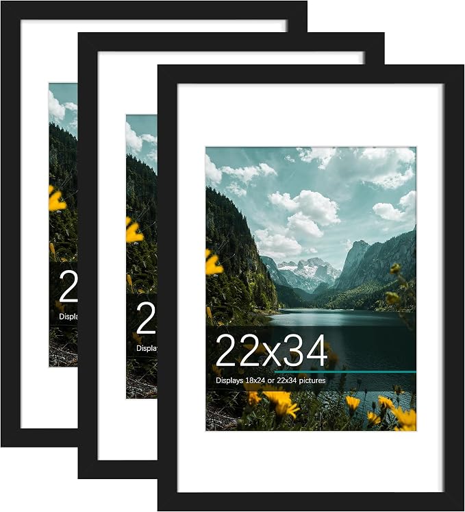 Picrit 22x34 Picture Frame 3 Pack, Black Poster Frame, Display Poster 18 x 24 with Mat or 22 x 34 without Mat for Horizontal or Vertical Wall Mounting