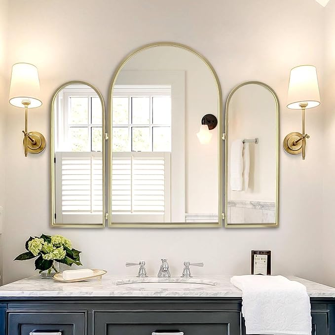 BAODANFU Trifold Vanity Mirrors 3 Way, 30 x 37in Adjustable Vanity Mirrors for Bathroom, Bedroom, Champaign Golden Arch Mirrors Wall Mounted Decoration, Braiding Hair, Makeup 360° Way