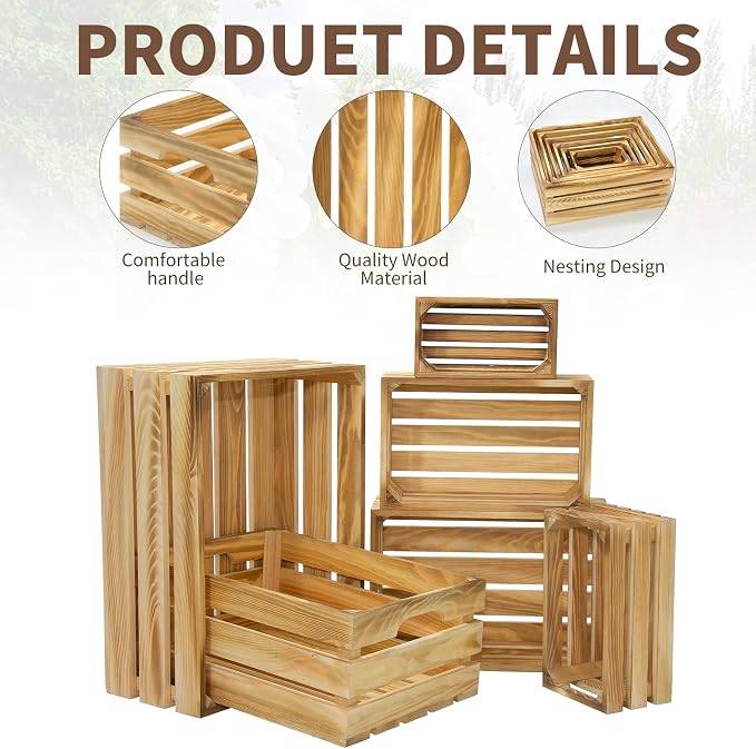 6 Pcs Wooden Crates for Display, Nesting Wood Crate for Storage, 6 Size | Farmhouse Weddings Wooden Basket for Storage Container and Decorations, Rustic Wood Crates for Farmers Market, Birthday, DIY