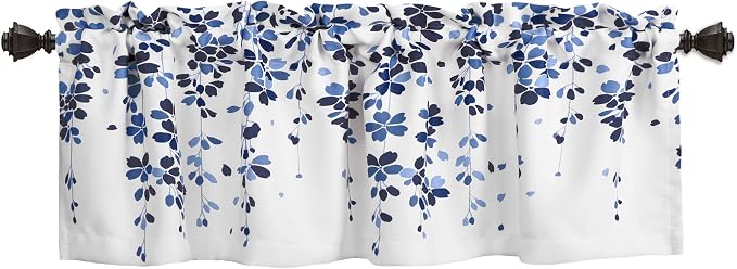 Lush Decor Weeping Flower Room Darkening Valance Curtain 52" W x 18" L + 2" Header White & Navy - Valances for Windows - Floral Kitchen Curtains
