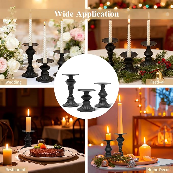 Matte Black Pillar Candle Holders Set of 3, Metal Vintage Antique Candle Stand for Pillar & LED Flameless Candles, Decorative for Table Centerpiece, Fireplace, Dining & Living Room Decoration