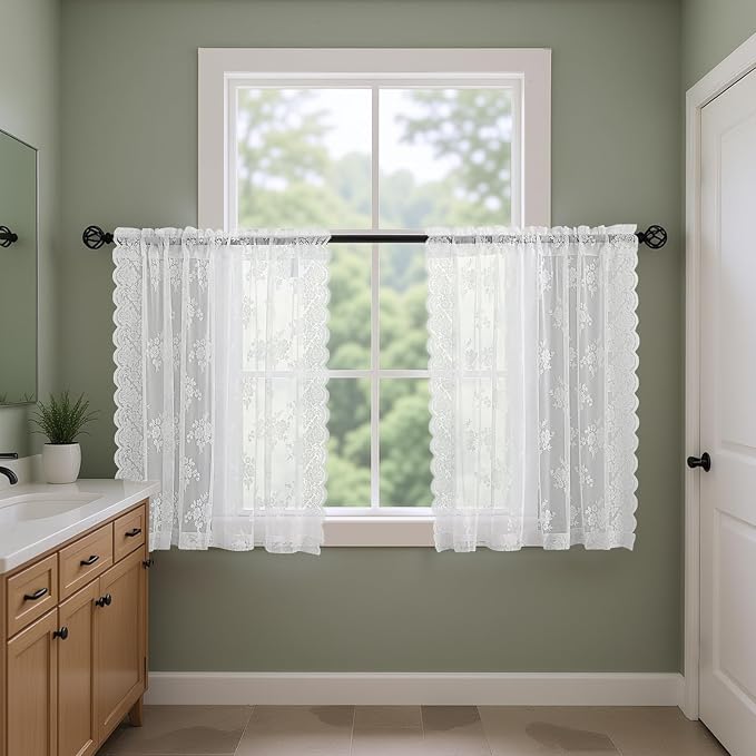 Kotile White Lace Kitchen Curtains 30 Inch Length 2 Panels Rustic Floral Retro Short Lace Curtains for Small Bathroom Windows Doors Decor, Rod Pocket Privacy Sheer Café Curtain, 42 x 30 Inch
