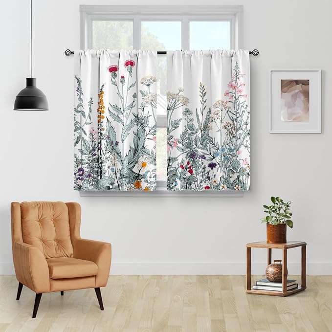 Aimego Flower Leaves Kitchen Curtains - Dark Green Floral Spring Rustic Plant Botanical Cafe Farmhouse Small Short Curtains for Bathroom RV Rod Pocket Window Drapes 30 Inch Length 2 Panels Set