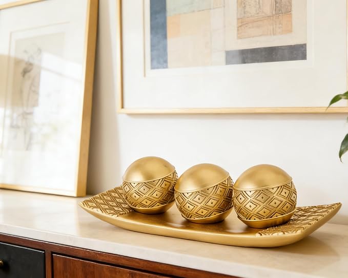 Gold Decorative Orbs with Tray Set, 3Pcs Resin Decorative Balls with Tray, Modern Accent Sphere for Coffee Table, Dining Table, Living Room, Entryway