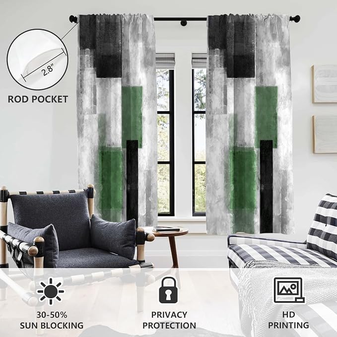 AAtter Green Window Curtain Sage Black and White Plaid Dark Olive Emerald Grey Gray Modern Abstract Living Room Bedroom Rod Pocket Drapes Treatment Fabric 1 Pair Home Decor, 42" W x 63" L, Checkered