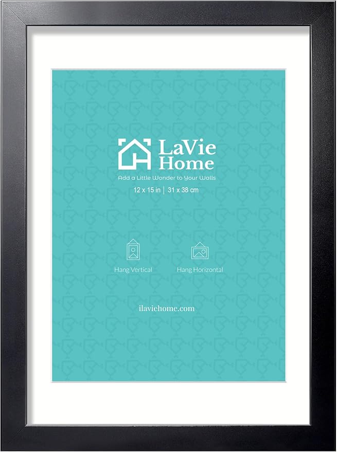 LaVie Home 12x15 Picture Frame Black Poster Frame, Display Pictures 8.5x11 with Mat or 12x15 Without Mat, Stable and Sturdy Frame and Polished Plexiglass, Horizontal and Vertical Format of The Walls