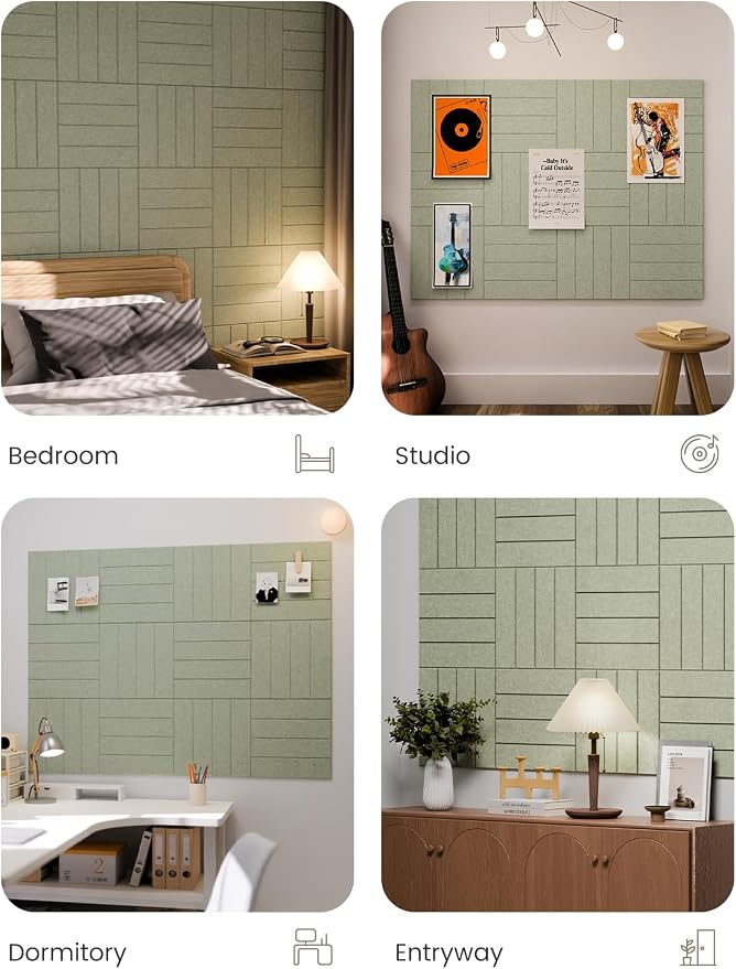 Fluxynara Felt Bulletin Board Tiles Large 48" x 36" Cork Board Alternative-12 Pack with 64 Adhesive Tabs, Thick Slat Wall Panels for Office Decor, Push Pin Board Wall Organizer Alternative-Sage Green