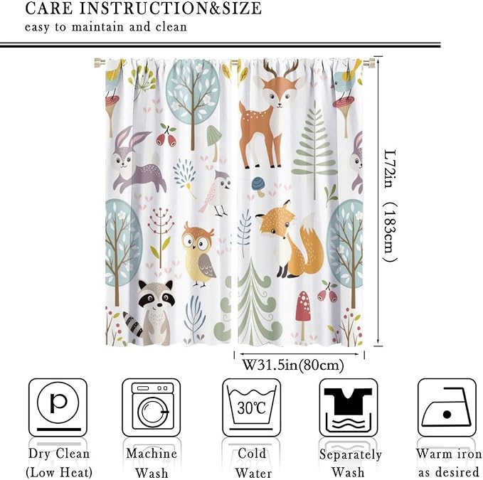 Nursery Safari Animals Curtains, Baby Boy Girl Kids Woodland Jungle Forest Lion Elephant Printed Curtains for Living Room Bedroom Window Drapes 2 Panel Sets63x72 Inch