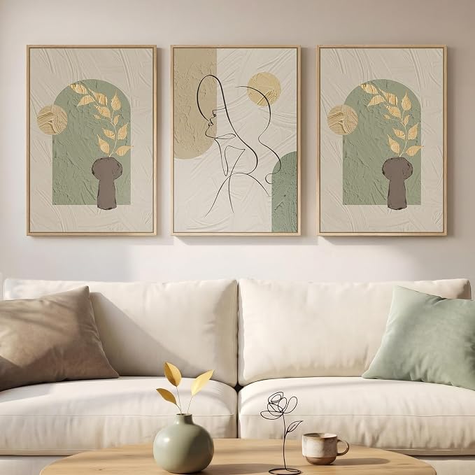 3 Piece Framed Abstract Boho Wall Art Bedroom 16x24 Inch | Large Neutral Canvas Print Painting, Modern Minimalist Line Face Botanical Picture Artwork Decor for Living Room Dining Room