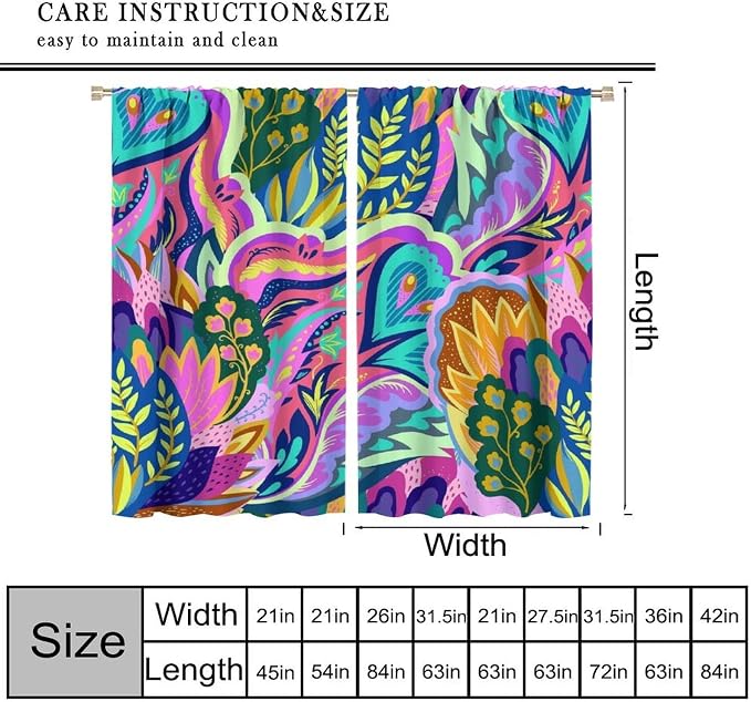 Vintage Dreamy Black Blackout Curtains Featuring Vibrant Bohemian Floral and Swirl Patterns, Ideal for Heat Insulation and Noise Reduction in Bedrooms and Living Rooms42X63 Inch
