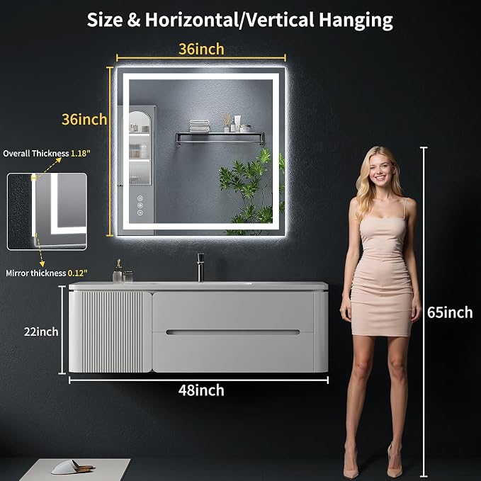 36"x36" LED Bathroom Mirror with Lights, Backlit + Front Lit with CRI>90, Lighted Mirror for Bathroom, Anti-Fog, Dimmable Brightness, 3 Colors, Memory Function, Shatterproof Tempered Glass