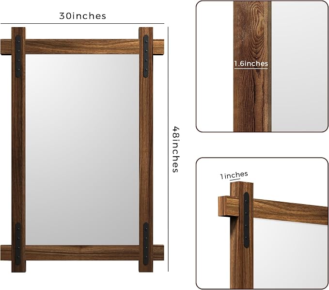 YOSHOOT Farmhouse Wood Bathroom Mirror, 48"x30" Rustic Wall Mirror, Round Corner Vanity Mirror for Decor, Vertical or Horizontal Hanging, Selected Wood, 100% Handmade