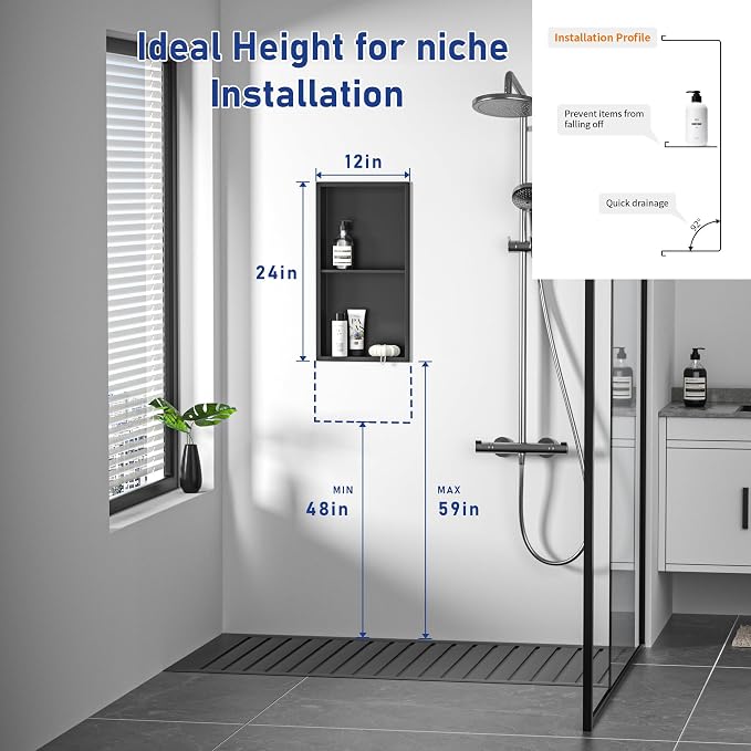 Stainless Steel Shower Niche Matte Black 24" X 12" No Tile Needed | Recessed shower niche with double shelves,space-saving,vertical niche, bathroom niche shower for shampoo & soap storage